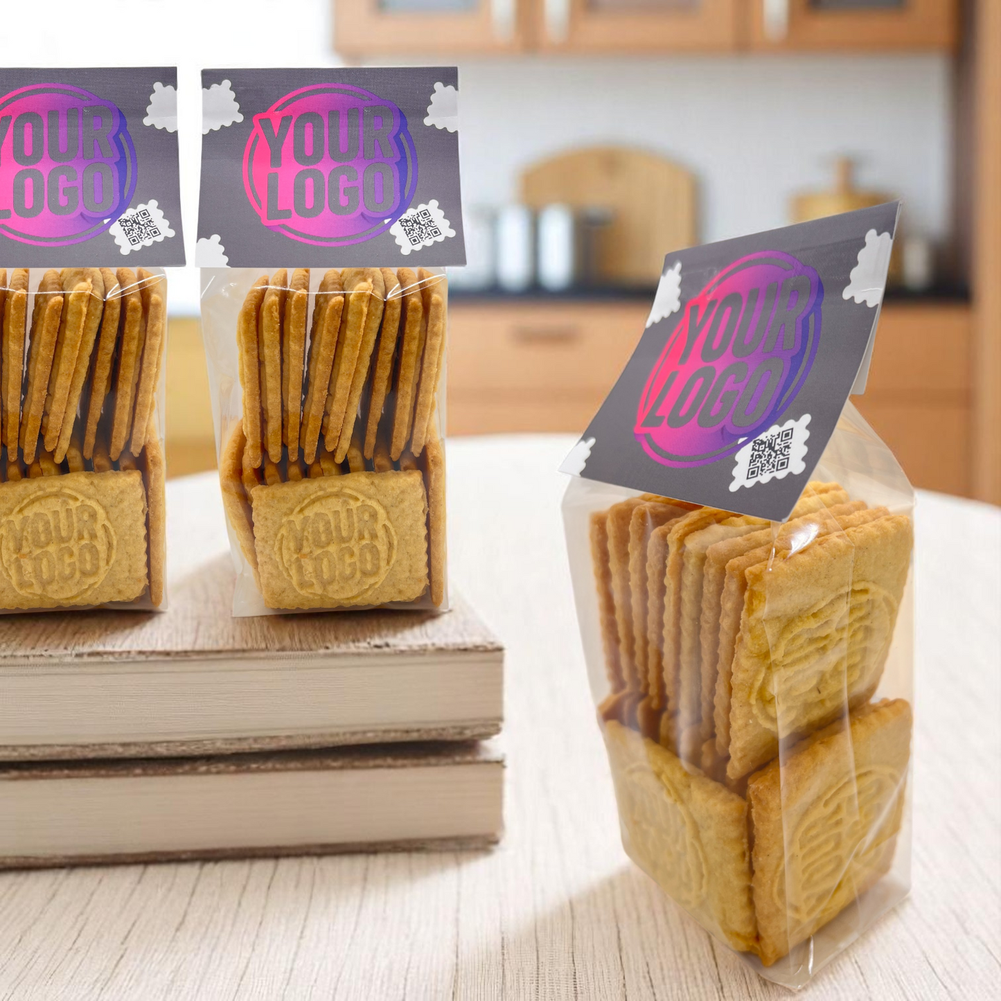 Drei 235g-Beutel mit individuell geprägten Logokeksen und personalisiertem Keksreiter, präsentiert in einer Küchenszene auf Büchern und Tisch