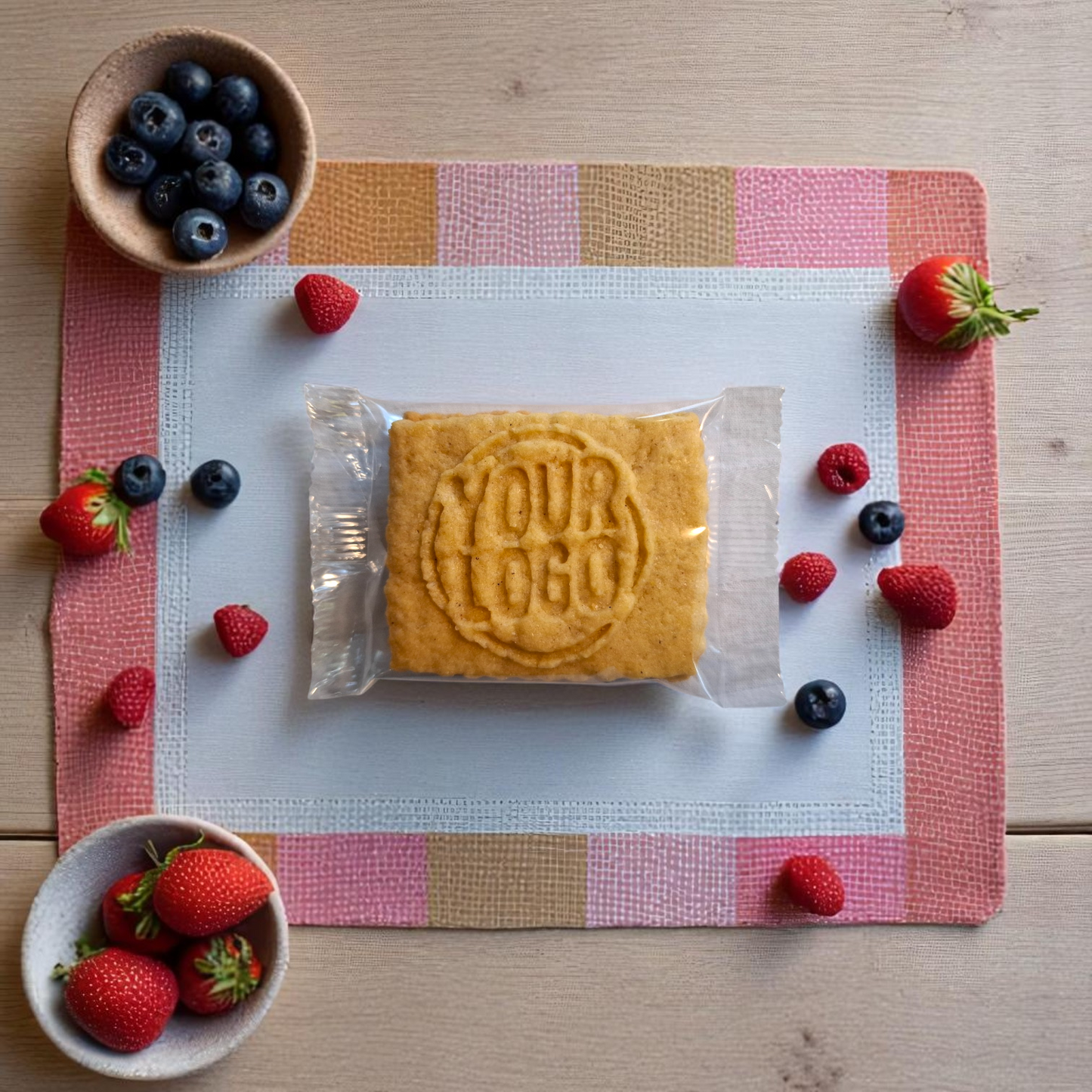 Einzeln verpackter Logokeks mit Logo-Prägung, dekorativ präsentiert auf einem bunten Platzset mit frischen Beeren – ideal als Frühstücksbeilage oder Begrüßungsgeschenk