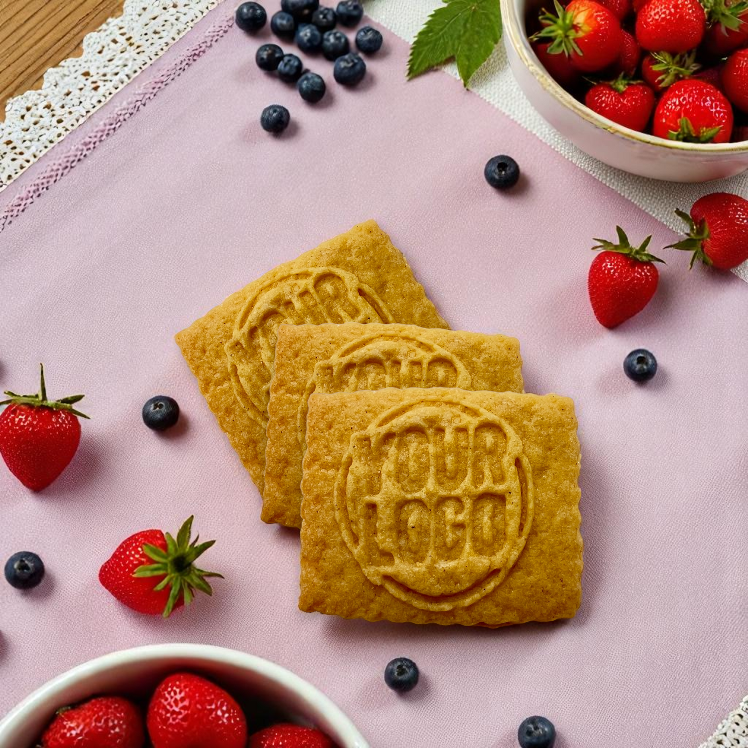 Drei unverpackte Logokekse auf rosa Platzset, dekoriert mit frischen Erdbeeren und Heidelbeeren – umweltfreundlich, direkt servierbar und ideal als Dessert-Deko oder Kaffeebeilage