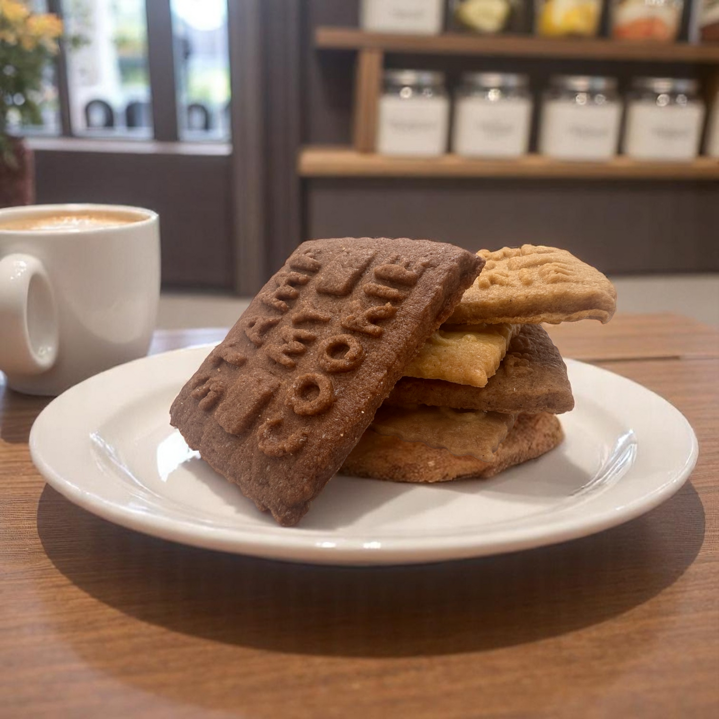 Mehrere unverpackte Logokekse auf einem weißen Teller im Café – ideal als Willkommensgeschenk, Kaffeebeilage oder Dessert-Dekoration in der Gastronomie
