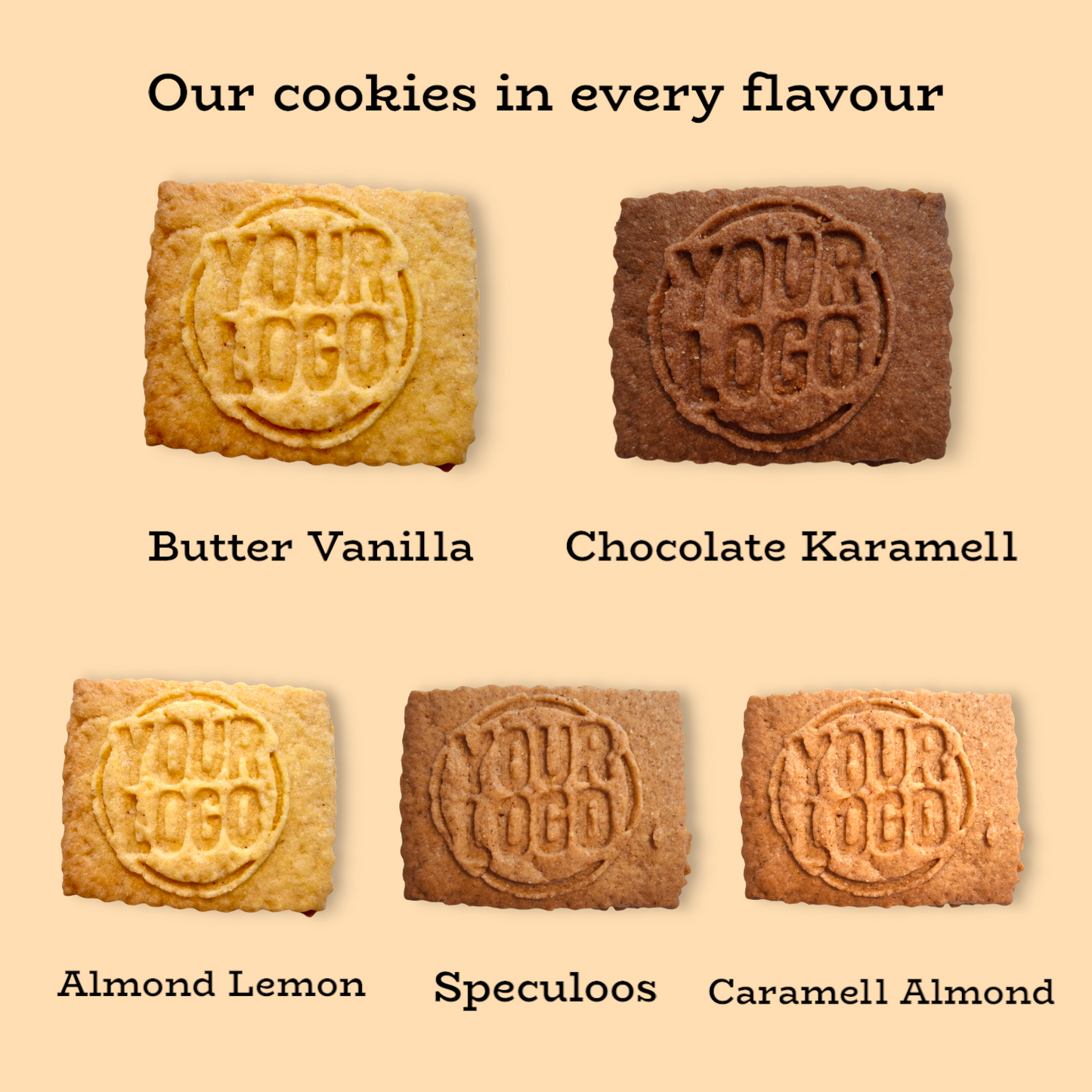 Alle fünf Logokeks-Geschmackssorten mit Logo-Prägung: Butter Vanilla, Chocolate Karamell, Almond Lemon, Speculoos und Caramell Almond nebeneinander dargestellt